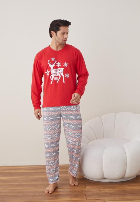 Pijama barbati Craciun " MERRY CHRISTMAS" maneca lunga ,pantaloni lungi,Culoare Rosu Engros